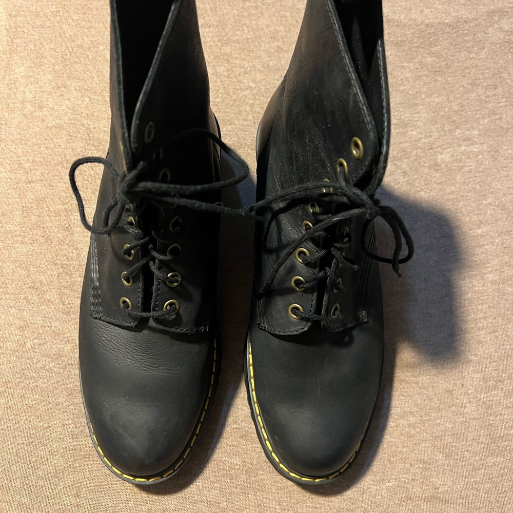 Dr. Martens Black Leather Platform Combat Boots Yellow Stitching w BouncingSoles